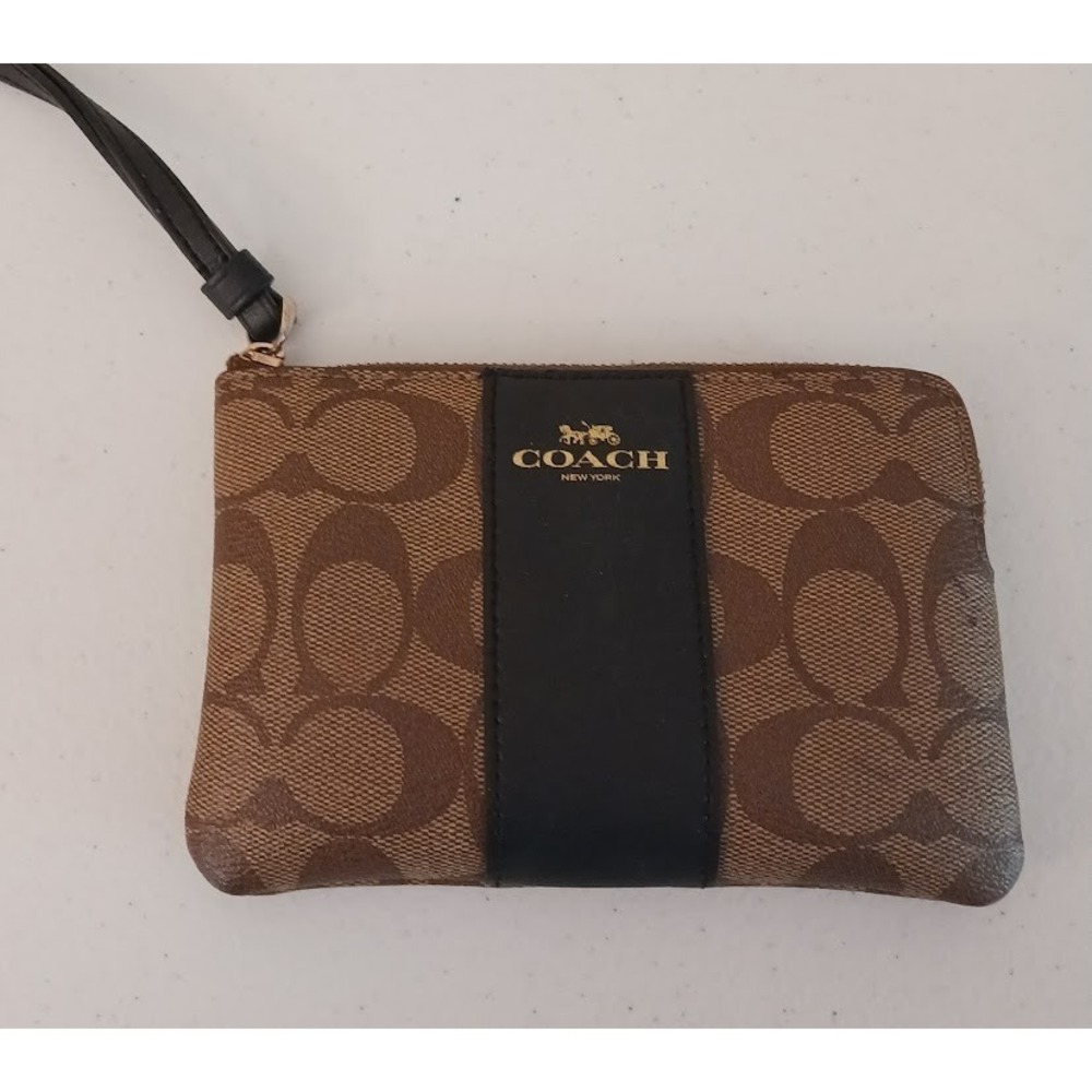 Coach Corner Zip Wristlet In Signature Canvas Gold / Khaki / Black, USED‎